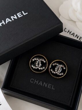 Black and Gold Crystal CC Initial Button Earrings